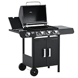 Outsunny Barbacoa de Gas BBQ con Ruedas Parrilla Gas con 3+1 Quemadores de 11,6 KW 2 Mesas Laterales y Termómetro Acero 110x50x100 cm Negro