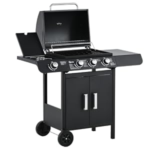 Outsunny 3+1 Burner Gas BBQ Grill with Wheels 110L x 50W x 100Hcm Black