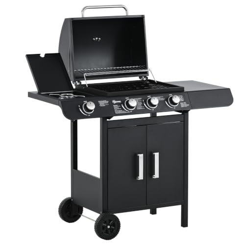 Outsunny 3+1 Burner Gas BBQ Grill with Wheels 110L x 50W x 100Hcm Black