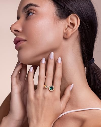 Green Emerald CZ Diamond Adjustable Unique Statement Open Ring for Women by SNGIA, Summer Beach Handmade Double Gemstone Stackable Wedding Date Birthday Gift, Statement Stone Irregular Trendy Ribbed Jewelry, Textured Patterned Fashion Accessories, Vintage Hammered Circular Nickle Free Gifts.3