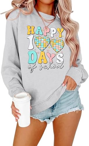 ChungLong0593 Happy 100 Days of School Sweatshirt for Women, Teacher Spirit Graphic Pullover, Casual Fall Winter Campus Outfit (US, Alpha, X-Large, Regular, Regular, Gray)