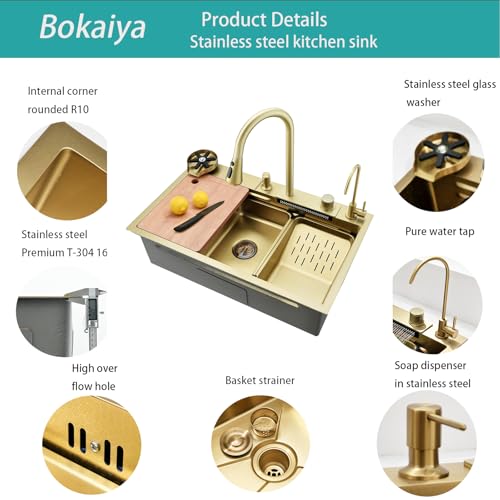 Bokaiya Raindance Nano Waterfall Stainless Steel Kitchen Sink, Multifunctional Sink with Chopping Board, Pull Out Faucet and Other Accessories Glass Washer, Ingle Bowl Railfall Gold (80x45x21CM)