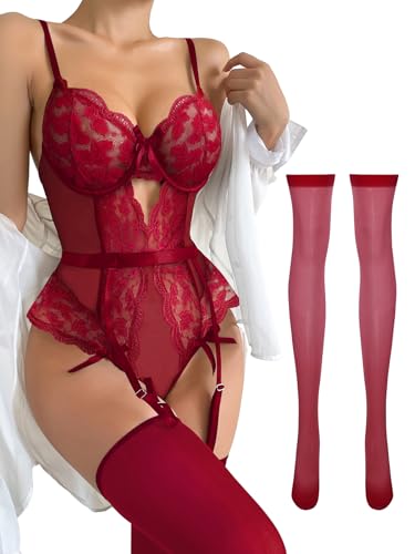 Image of Lilosy Sexy Stocking Lace Mesh Bodysuit Top Underwire Garter Lingerie Set 3 Piece