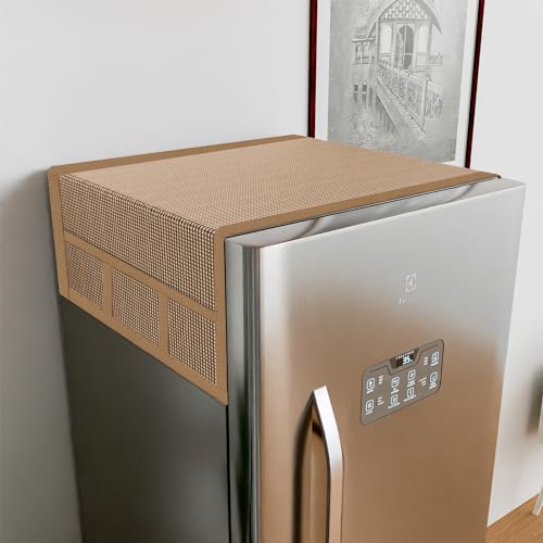 Image of Kuber Industries Fridge Top Cover | Fridge Top Cover with Pockets | Refrigerator Top Cover for Kitchen | Fridge Top Cover with 6 Utility Pockets | Barik Check Fridge Cover | Brown