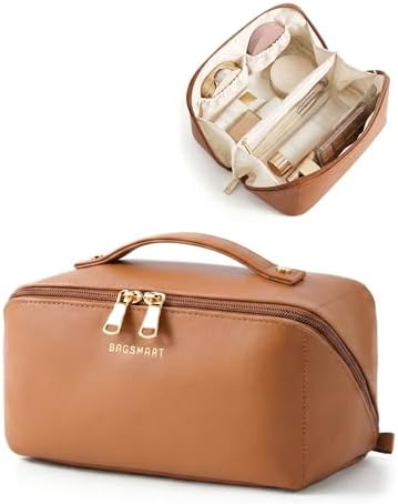 BAGSMART Makeup Bag Travel Cosmetic Bag, Large Make Up Bag Flat Open Toiletry Bag for Women, PU Leather Travel Essentials Organizer Case, Wide-Open Pouch Purse for Skincare, Brushes, Classic Brown