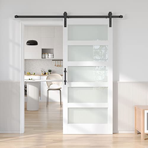 Image of Fredbeck Barn Doors 36x84 with Hardware, 5 Panles Frosted Glass,White