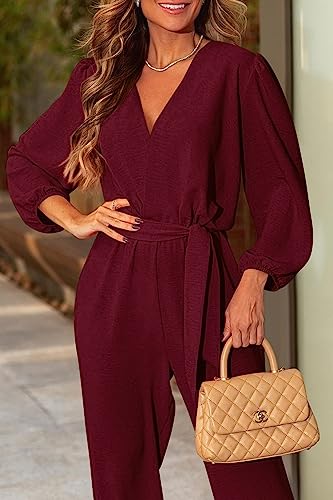 PRETTYGARDEN Women's Fall Jumpsuits Dressy Casual Pants Romper Spring Long Sleeve V Neck Belt Pockets One Piece Outfits