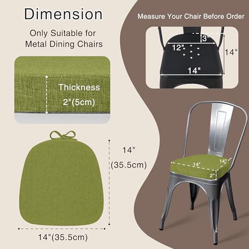 Image of OVOV 14x14 Chair Cushions for Metal Dining Chairs Set of 4 Green | Non Slip, Washable Removable Cover with Ties, Textured, for Dining Room, Kitchen Cafes Bistro Patio, Stackable Chairs