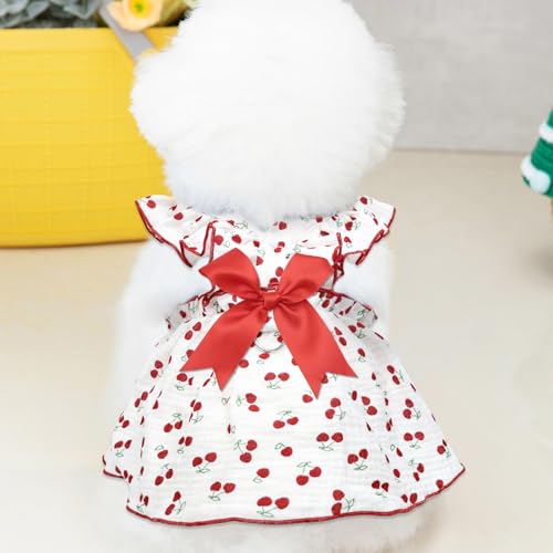 Image of CuteBone Cotton Dog Dress Cherry with Leash Ring & Sleeve Ruffles, Soft & Breathable, Stylish Pet Clothes Outfit for Small Dogs, Comfortable & Easy to Wear CFX01XS