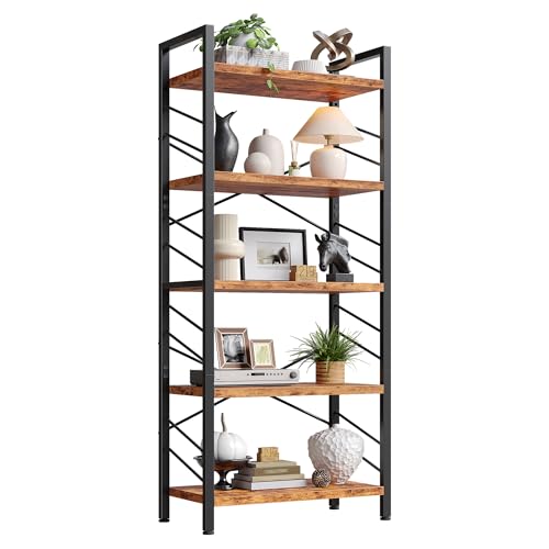 Image of DurayLoly 5 Tier Bookshelf for Narrow Space, Rustic Brown | Small Storage Shelves, Sidebars and Metal Frame