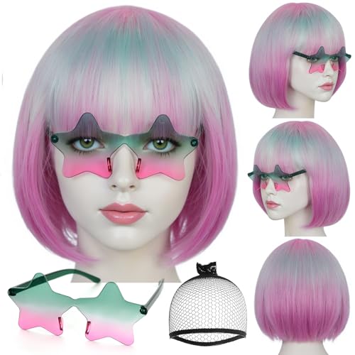 Image of ANOGOL Hair Cap + (Sunglasses) Teal Pink Gradient Bob Wig with Bangs Womens Party Wigs with Star-Shaped Glasses Short Neon Wig Daily Party Fun Wigs Women Halloween Costume Bachelorette Hair