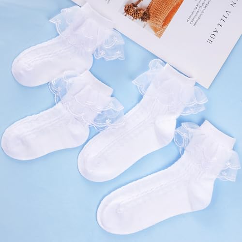 Dxhycc 3 Pairs Girls White Ruffle Socks Cute Ruffled Lace Dress Socks for Toddler Little Girls2