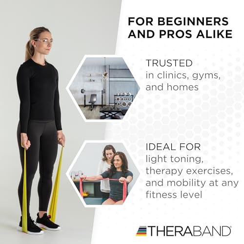 TheraBand - 11726 Resistance Band 50 Yard Roll, Thin Yellow Non-Latex Professional Elastic Bands For Upper & Lower Body Exercise, Physical Therapy, Pilates, & Rehab, Dispenser Box, Beginner Level 2