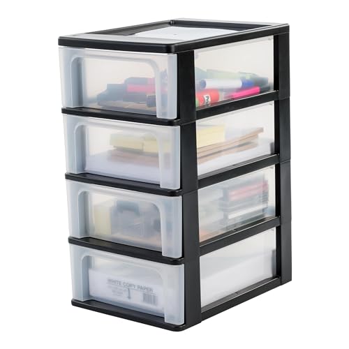 Iris Ohyama, Plastic Drawers Storage Unit, Plastic Storage Drawers, A4 Format, H49cm/4 Drawers, BPA Free, Black, W35.5 x D26 x H49cm, OCH-2004