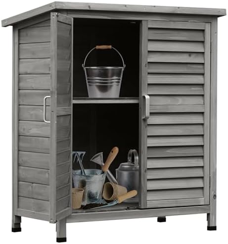Outsunny Armoire De Jardin Abri Outils Bois 87L X 46,5l X 96,5H Cm - Toit Bitumé Portes Persiennes Gris