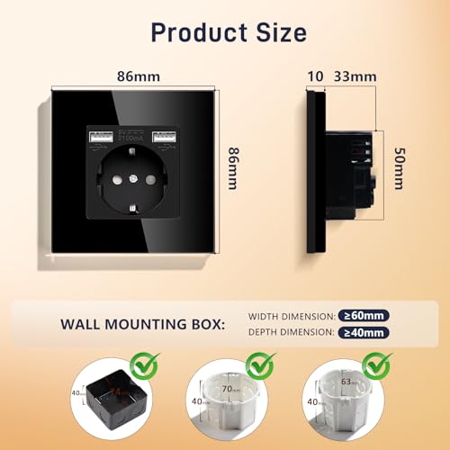BSEED USB Steckdose Schwarz Schuko Steckdose mit USB Anschluss (Max. 2.1A) Unterputz Steckdose Glas Schutzkontakt-Steckdose Ladegerät für Handys, Laptops etc