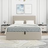 TSLINN Upholstered Lift Up Storage Bed Frame with Wingback Headboard, Linen Fabric Platform Bed, Hydraulic Gas Lift & Hidden Under-Bed Storage, No Box Spring Needed, King,Beige