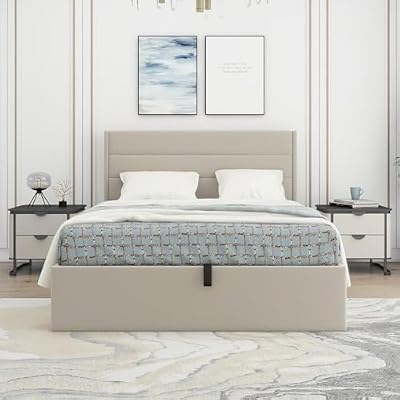 TSLINN Upholstered Lift Up Storage Bed Frame with Wingback Headboard, Linen Fabric Platform Bed, Hydraulic Gas Lift & Hidden Under-Bed Storage, No Box Spring Needed, King,Beige