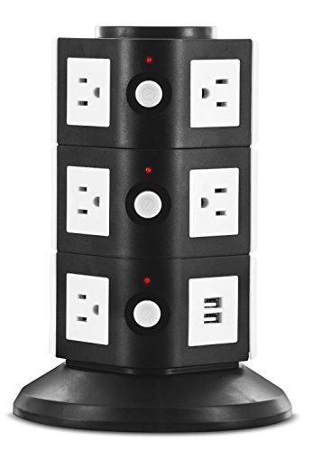Aduro Surge Protector Power Tower 11 Outlets with 2 USB Ports Family Multi Charging Station with Smart Charge Tech for iPhone, iPad, Galaxy & All Devices (Black)