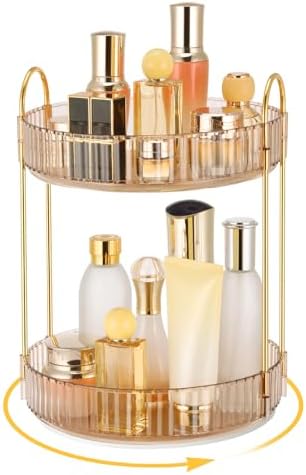 Organizador de Maquillaje Giratorio 360 Grados, Organizador Perfumes y Cremas Gran Capacidad, Organizador Maquillaje Makeup Organizer para Tocador, Dormitorio, Baño (2 Capas, Ámbar)