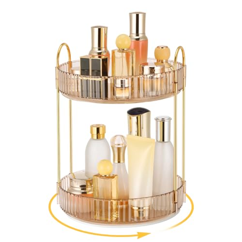 Otauoaea Organizador de Maquillaje Giratorio 360 Grados, Organizador Perfumes y Cremas Gran Capacidad, Organizador Maquillaje Makeup Organizer para Tocador, Dormitorio, Baño (2 Capas, Ámbar)