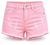 Yu & Me PARIS Womens High Waisted Distressed Denim Shorts with Frayed Hem, Ripped Jean Short with Pockets, Casual Summer for Holiday & Everyday Wear (Pink, 12)