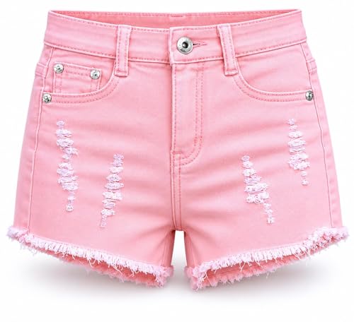 Image of Yu & Me PARIS Womens High Waisted Distressed Denim Shorts with Frayed Hem, Ripped Jean Short with Pockets, Casual Summer for Holiday & Everyday Wear (Pink, 8)