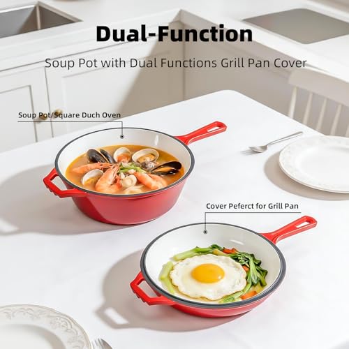 HomeVSS 6.5-Quart Enameled Cast Iron Double Dutch Oven with Lid & Dual Handles – 2-in-1 Cookware for Bread Baking, Braising, Stews, Roasting, Doubles as Casserole Dish & Stovetop Grill Pan, Red — view 3