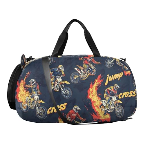 Motocross Fire Sports Duffle Bag for Teens Girls Boys, Gym Bag with Shoe Compartment, Kids Travel Overnight Weekender Shoulder Bag2
