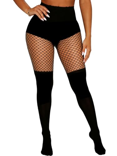 Image of Sexy Faux Thigh High Tights Mock Suspender Pantyhose Fishnet Stockings Striped Goth Fishnets for Women