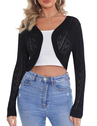 Aottori Cárdigan Negro Mujer Chaqueta Punto Manga Larga Cardigans Elegante Frontal Abierto Corto Shrug Tops Ligero Casual Fiesta Toreras Negro L