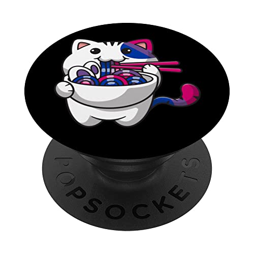 Bisexual Pride Bi Kawaii Cat Ramen Noodles Bisexual Flag PopSockets Swappable PopGrip, Black