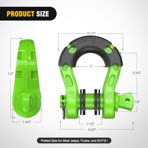 Image of Nilight Heavy Duty Mega D-Ring Shackles(2 Pack) 68,000 lb Break Strength(17,000 lb WLL) w / 7 /8″ Screw Pin & Washers, Forged Steel Off-Road Recovery Shackles for Tow Strap & Winch Gear, Green