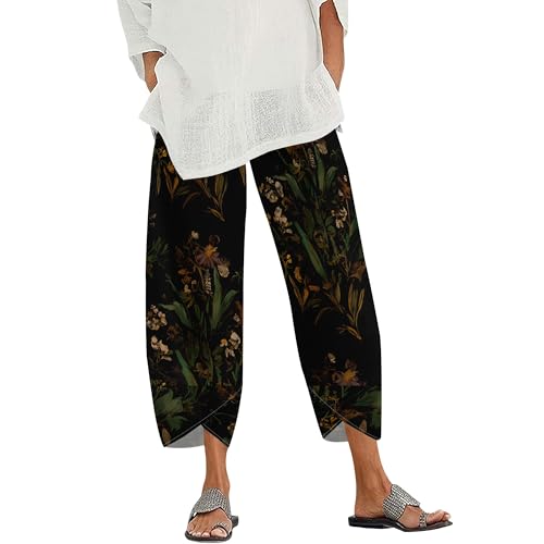 Women Boho Floral Wide Leg Lantern Pants Low Rise Elastic Waist Baggy Trousers with Pockets Summer Beach Wear