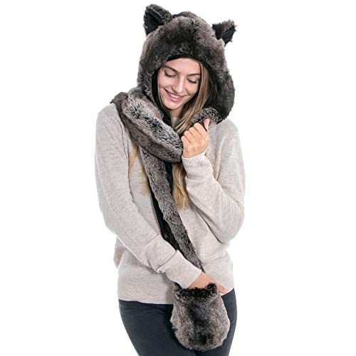 Winter Warm Plush Faux Fur Animal Paws Hat Hoods Gloves Scarf