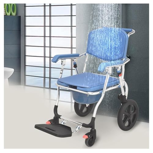 SULQING Silla de Silla de Ducha Plegable de Ducha, Silla de Ducha de Aluminio 4 en 1 con Ruedas, Silla de Inodoro de Inodoro con Cubo extraíble, 150 kg/330 lbs, Conjunto sin Herramientas (Azul)