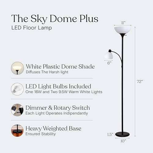 Brightech Sky Dome Plus LED Floor lamp, Torchiere Super Bright Floor Lamp with Reading Lamp for Living Rooms & Offices - Dimmable Tall Standing Lamp for Bedroom Reading - Black by Brightech - Image 4