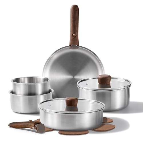 CAROTE 13pcs Tri-Ply Stainless Steel Cookware Set with Detachable Handle, Pots and Pans Set, Induction Kitchen Cooking Sets, RV/Camping Cookware, Oven Safe, Woodgrain Style