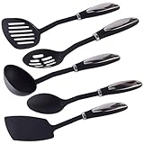 ROMISBABA Utensili Cucina in Nylon con Manico Acciaio Inossidabile Strumenti Antiaderenti per Cottura Mestolo Spatola Cucchiaio e Paletta Neri Resistenti e Facili da Pulire