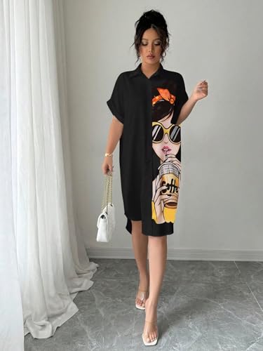 Image of Women's Graphic Print T-Shirt Dress | Stylish Oversized Longline T-Shirt for Women & Girls | Casual Printed Long Top | Trendy Beach & Resort Wear Western One Piece Dress (25 D-1 BLACK-2XL)