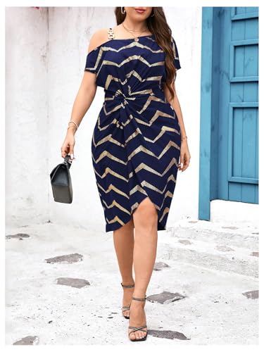 Floerns Women's Plus Size Printed Asymmetrical Neck Twist Dress Party Elegant Midi Dresses4