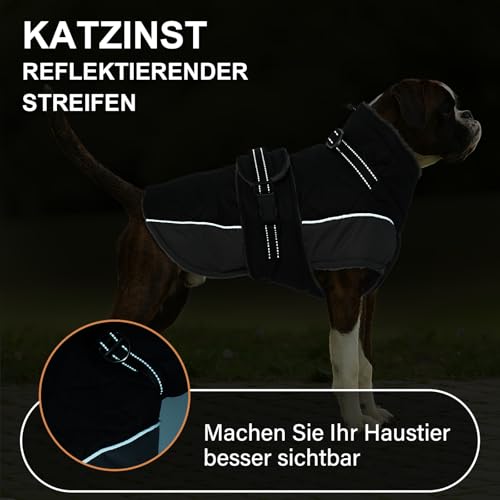 Katzinst Hundejacke Winter Schwarz L, Fleece Wintermantel Hunde mit Hohem Fleece-Kragen, Hundemantel mit Bauchschutz, Warmer Hundemantel Wasserbeständig für Dalmatiner, Cocker Spaniel, Schwarz, L