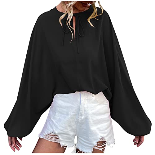 Women s Lantern Sleeve Lace Up Tops, Solid Color V Neck Loose Fit T Shirt Summer Fashion Casual Blouse Tees with Shorts