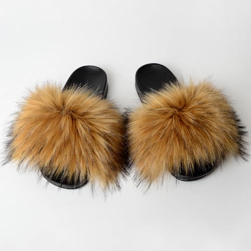 Image of MH Bailment Womens Furry Fluffy Slippers Faux Fur House Slippers Open Toe Fuzzy Slides Soft Flat Slip On Sandals for Indoor Outdoor