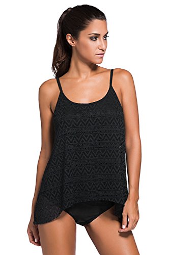 ZKESS Women's Stripes Tankini Top Bikini Swimwear with Brief Small Size Black