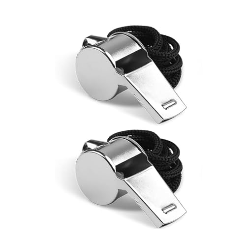 Lonimia 2 Pack Stainless Steel Sports Whistles with Lanyard Super Loud Sports Whistle Crisp Sound Whistles Great for Coaches Referees and Official