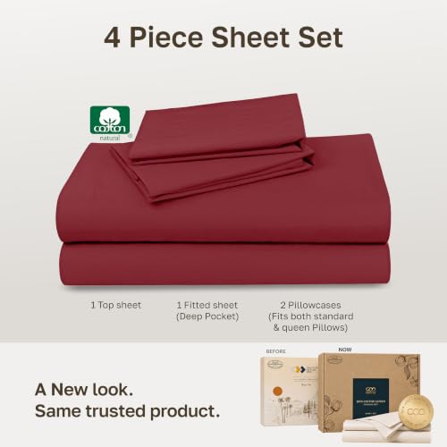 Image of Soft Natural 100% Cotton Sateen Queen Size Sheets, 4 Pc Set, Brick Red