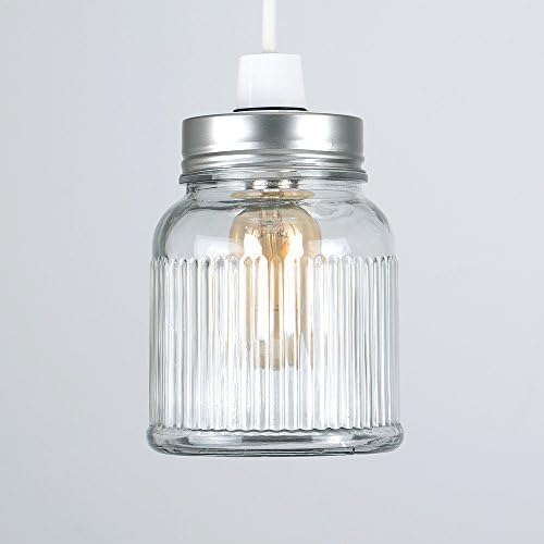 Retro Style Silver Brushed Chrome and Clear Glass Ribbed Pattern Design Jar Ceiling Pendant Light Shade