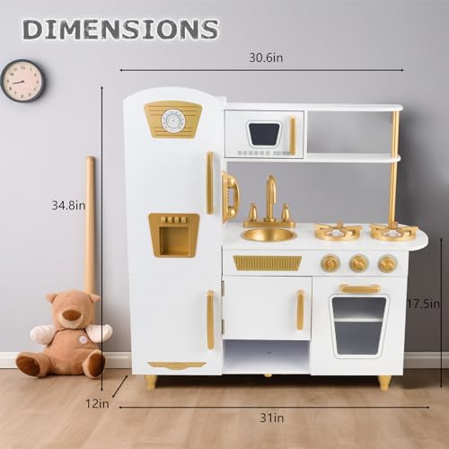 WoodenEdu Kitchen Playset for Kids Ages 3-8, Wooden Pretend Play Kitchen with Realistic Sounds, Including Telephone, Ice Maker, Refrigerator, Dimensions: 35” H x 31” W x 12” D (White)