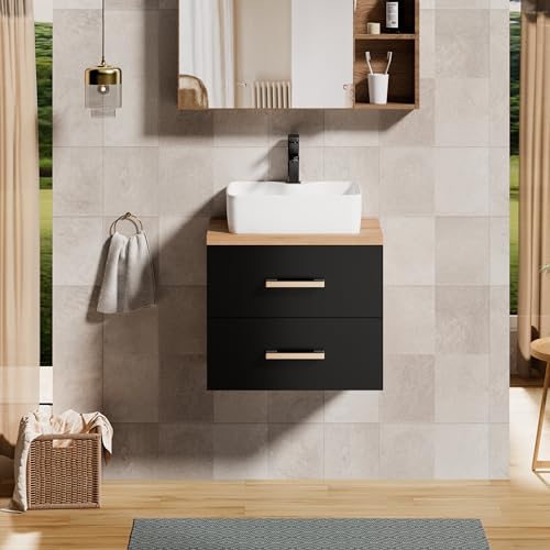 UEV Meuble sous Lavabo Suspendu 60,5cm, Meuble Salle de Bain avec Vasque à Poser, Lavabo en Céramique, Deux Tiroirs avec Grand Espace de Rangement, Poignée en Métal, 60,5 x 40,5 x 53,2cm, Noir